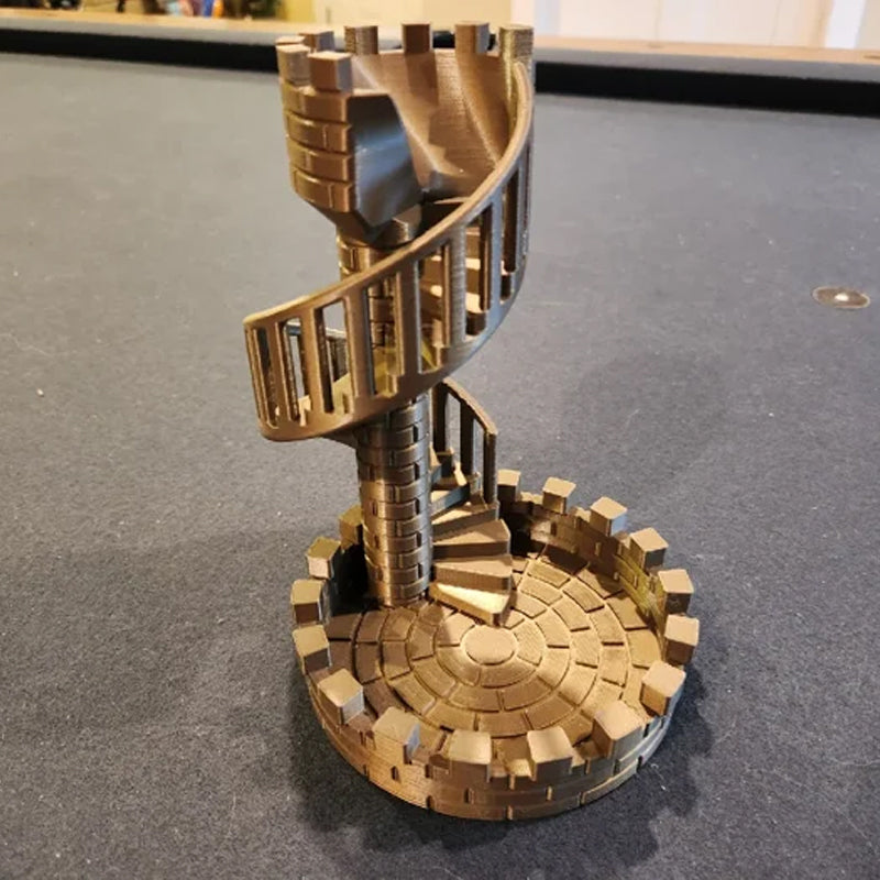 3D-printed dice tower with spiral staircase for your gaming pleasure