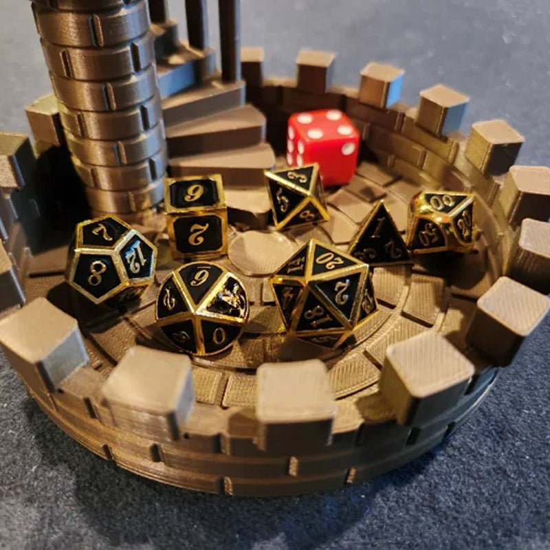 3D-printed dice tower with spiral staircase for your gaming pleasure