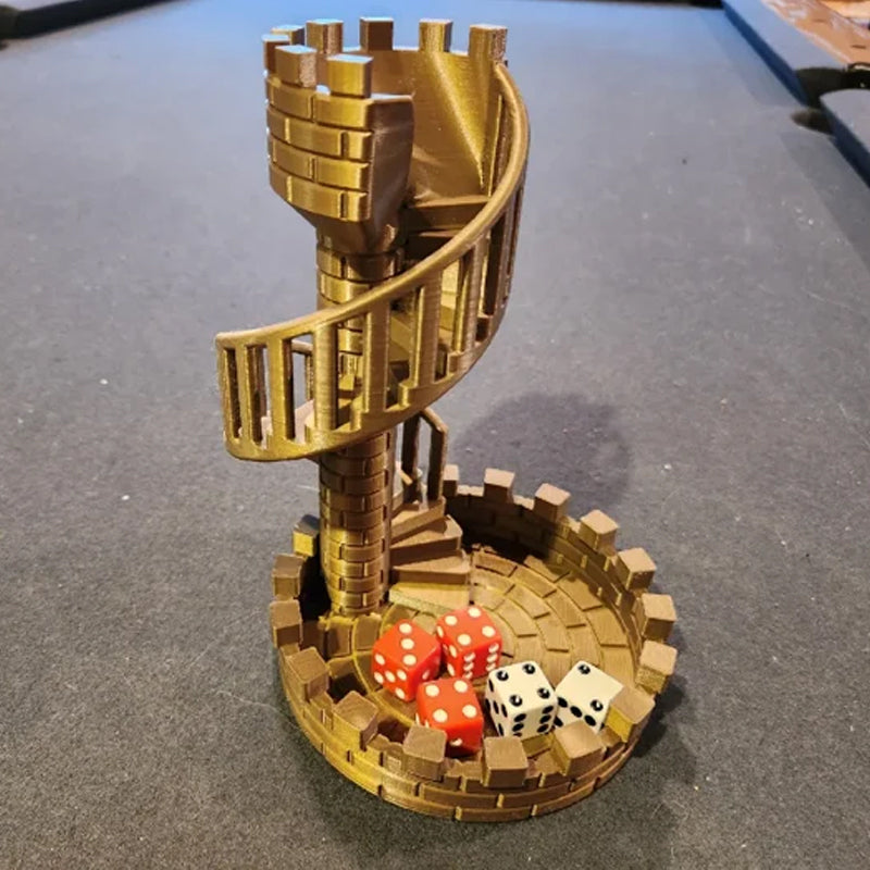 3D-printed dice tower with spiral staircase for your gaming pleasure