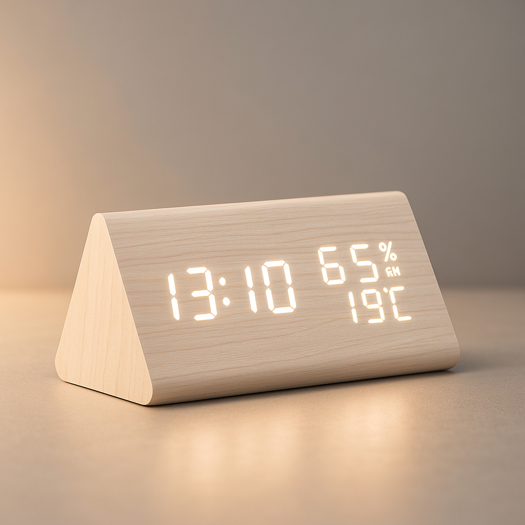 Eleganter LED Wecker in Holzoptik mit Temperaturanzeige