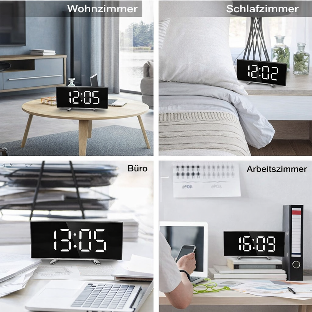 Elegante LED-Wecker mit Spiegeloberfläche und automatischer Helligkeitsanpassung