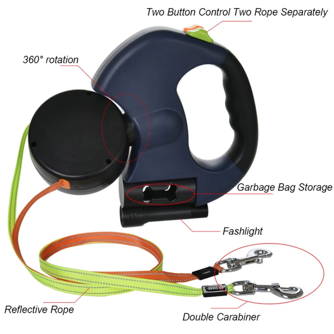 Dual Retractable Dog Leash | With Flashlight and Poop Bag Holder