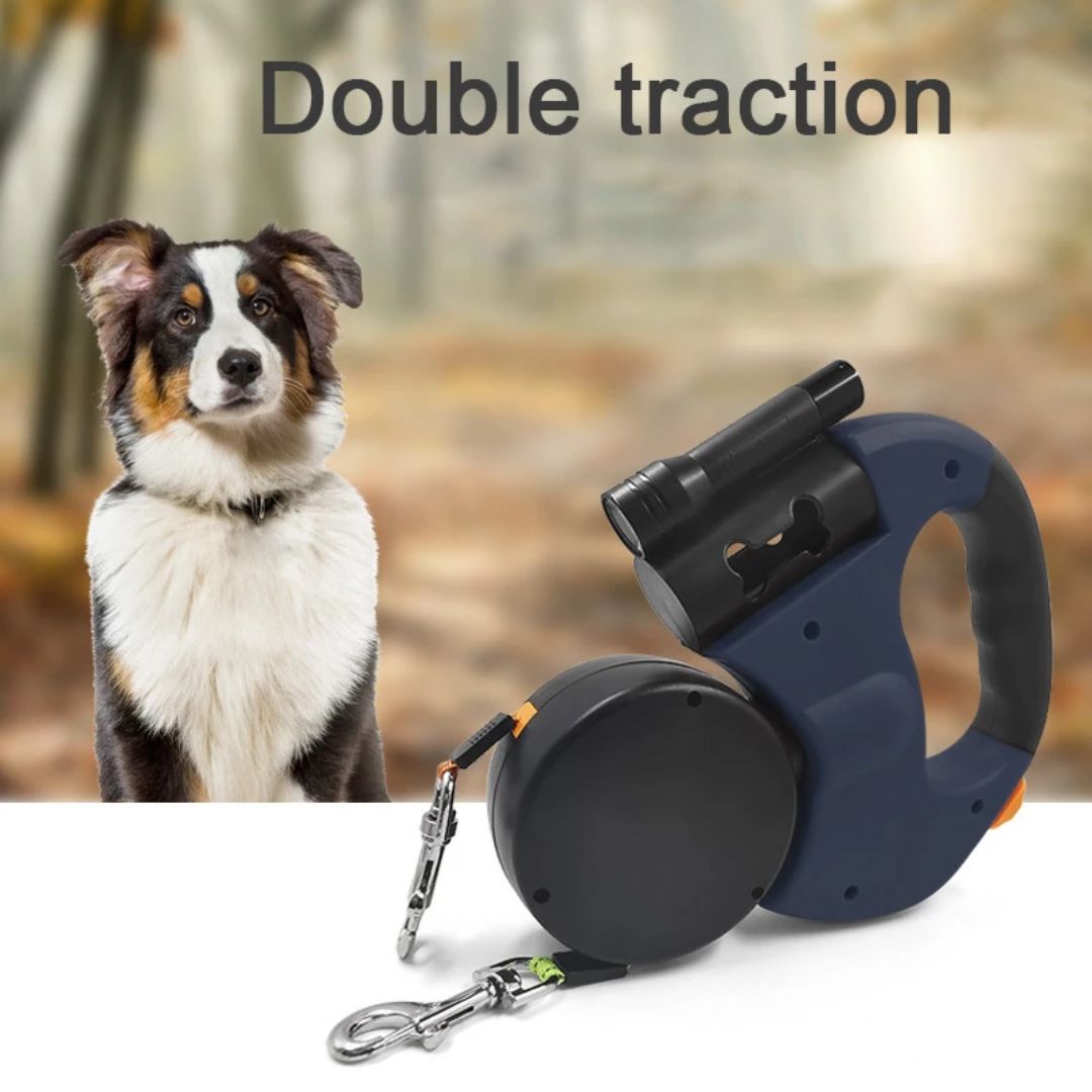Dual Retractable Dog Leash | With Flashlight and Poop Bag Holder