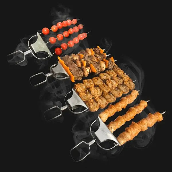 Robuste Grillspieße aus Edelstahl mit Doppelzinken und Schiebeschaber