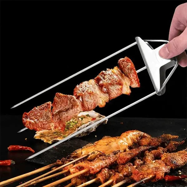 Robuste Grillspieße aus Edelstahl mit Doppelzinken und Schiebeschaber