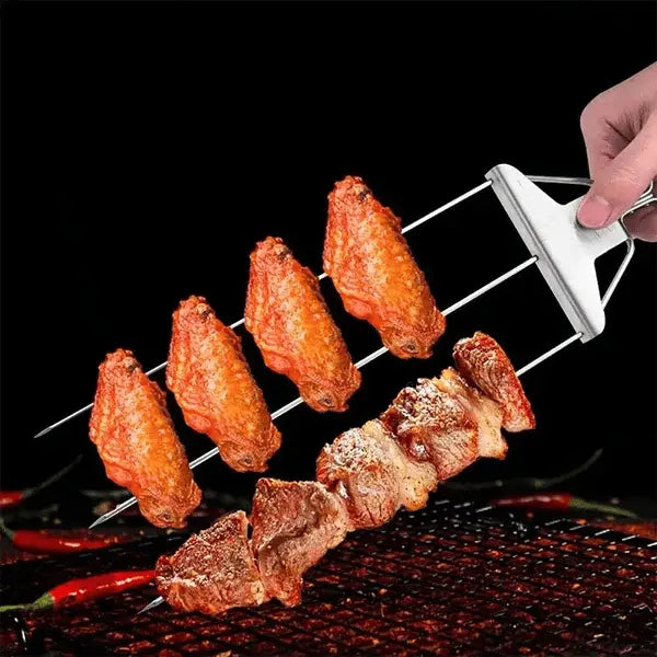 Robuste Grillspieße aus Edelstahl mit Doppelzinken und Schiebeschaber