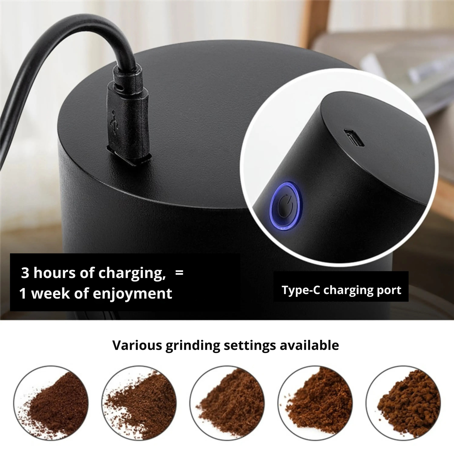 Elektrische Kaffeemühle | Anpassbare Mahlgrade | USB Wiederaufladbar | AromaMaster