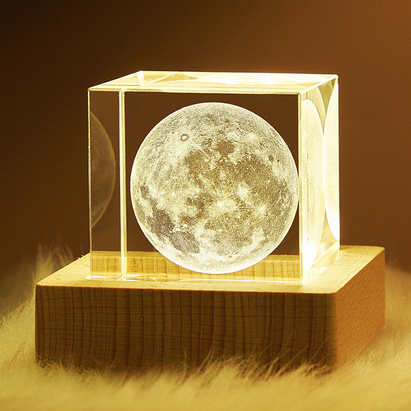 Elegant Crystal Moon Cube with Wooden Stand – 10 cm Decoration for Your Home