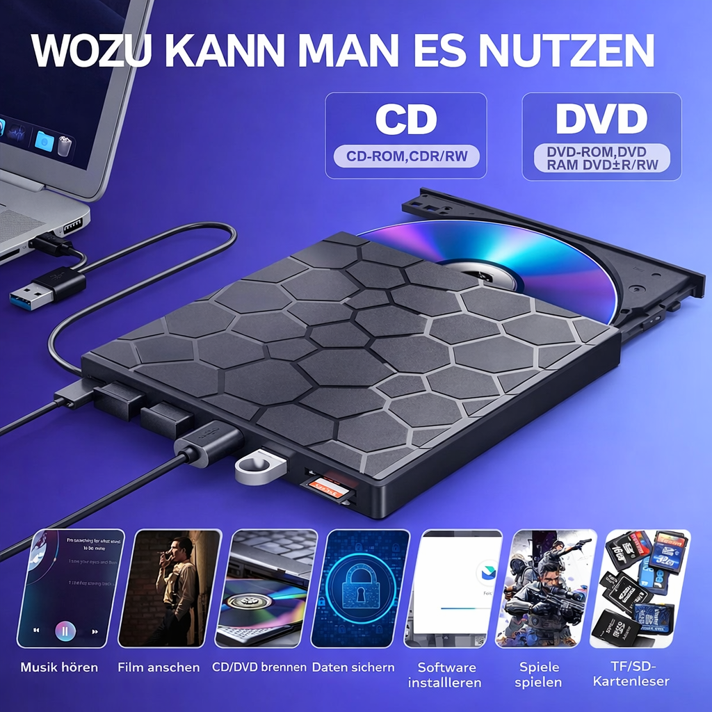 Externer CD/DVD-Leser | Sofortiger Zugriff | USB-C Hub mit SD-Kartenleser