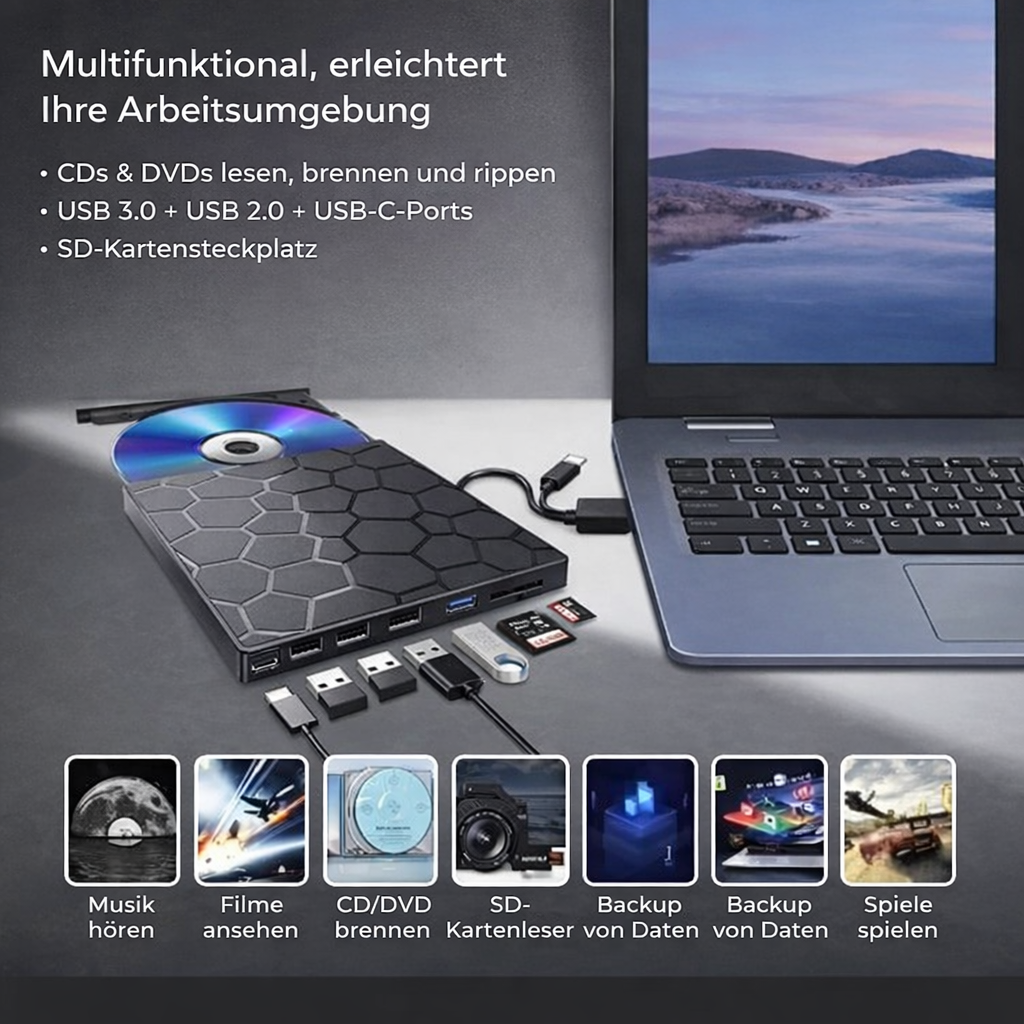 Externer CD/DVD-Leser | Sofortiger Zugriff | USB-C Hub mit SD-Kartenleser