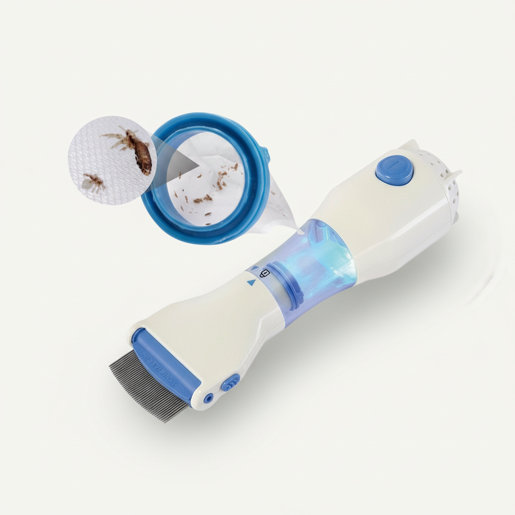Effizienter Kopflausentferner | Hygienisches Vakuumsystem | Edelstahlzinken | Chemiefreie Behandlung | LED-Lichtkontrolle | Hygiene-Filter inklusive