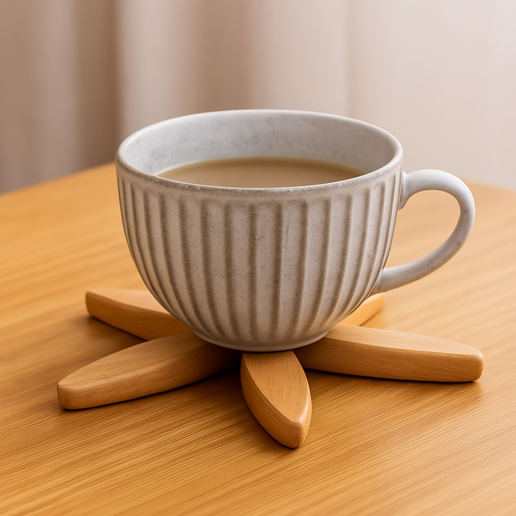 Practical set of foldable wooden coasters with holder