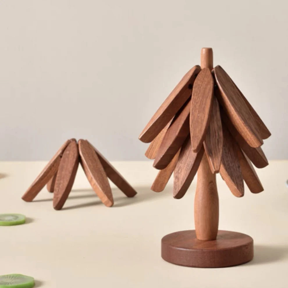 Practical set of foldable wooden coasters with holder