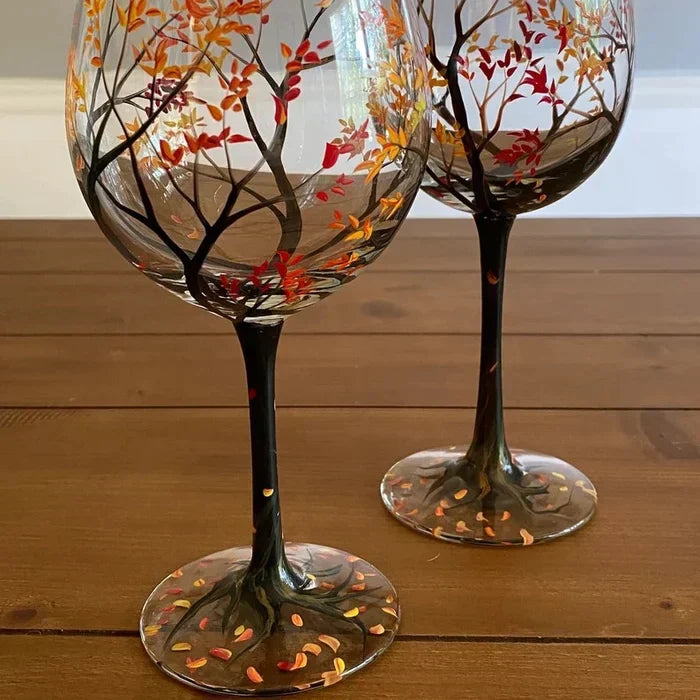 Wine Glasses with Seasonal Tree - Hand-Painted Artworks
