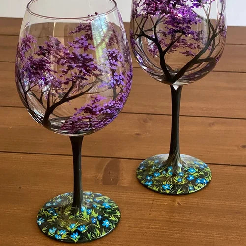 Wine Glasses with Seasonal Tree - Hand-Painted Artworks