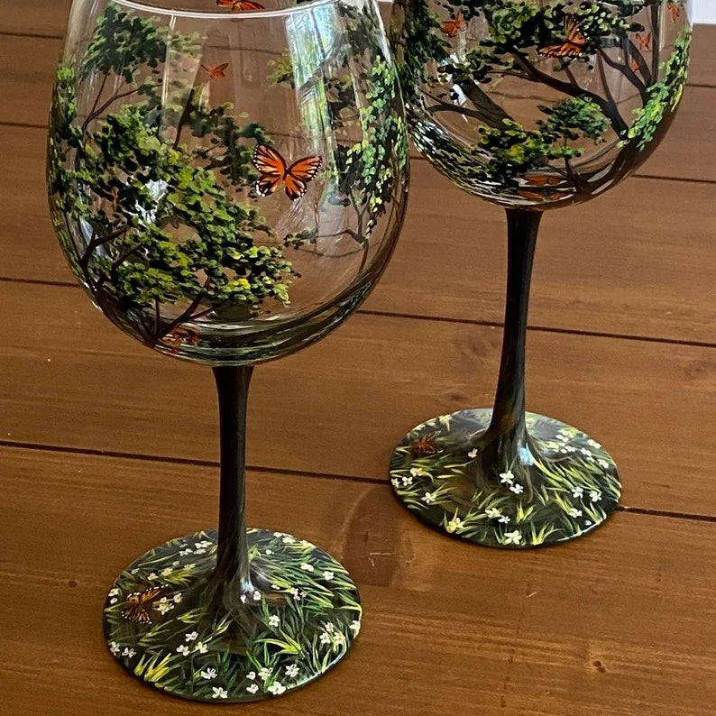 Wine Glasses with Seasonal Tree - Hand-Painted Artworks
