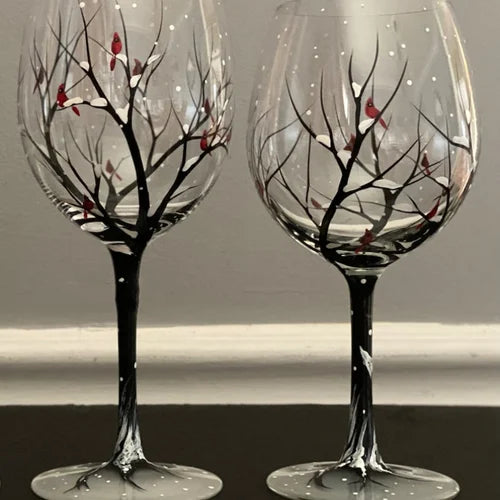 Wine Glasses with Seasonal Tree - Hand-Painted Artworks