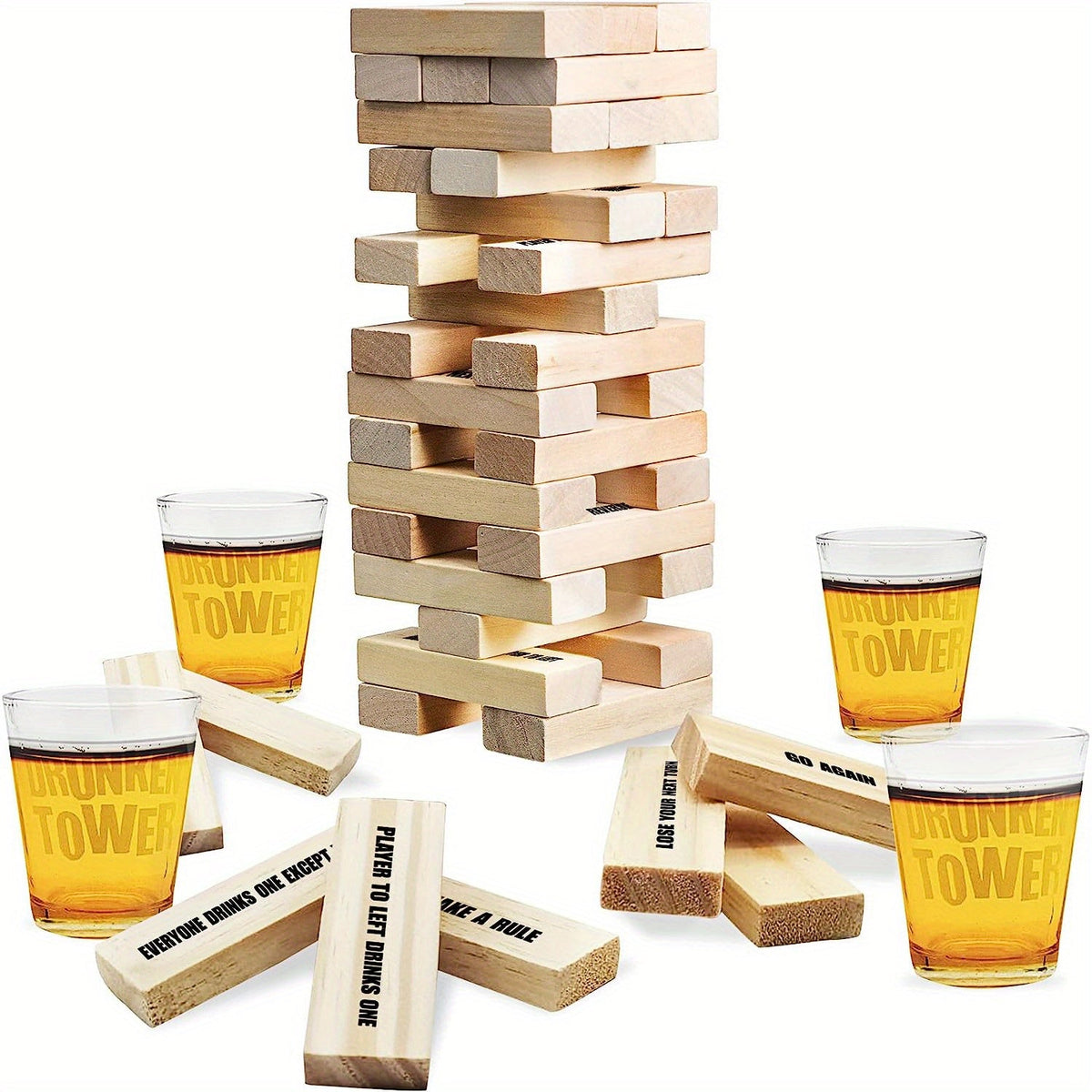 Fun Wooden Tower Drinking Game with 4 Glasses for Unforgettable Evenings