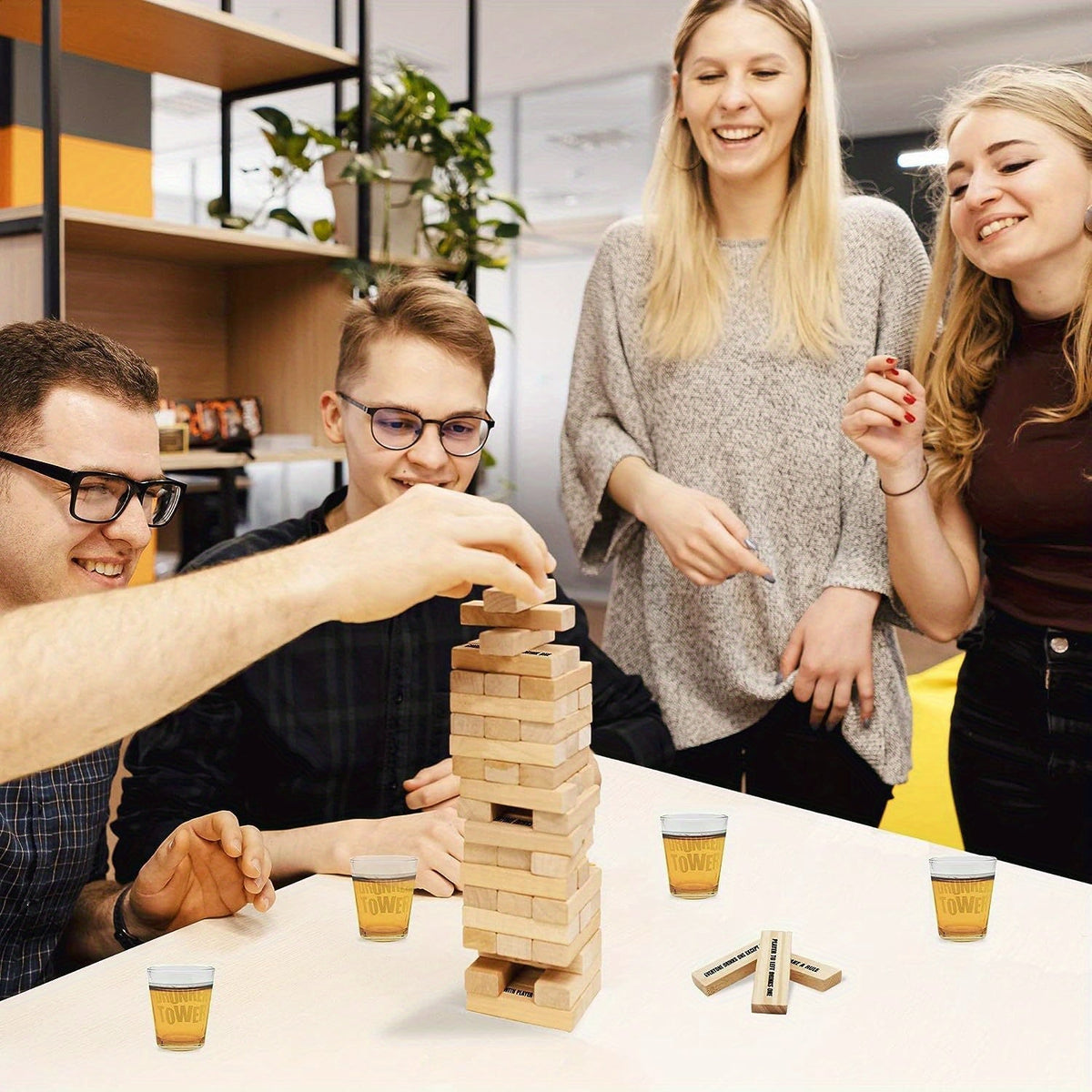 Fun Wooden Tower Drinking Game with 4 Glasses for Unforgettable Evenings
