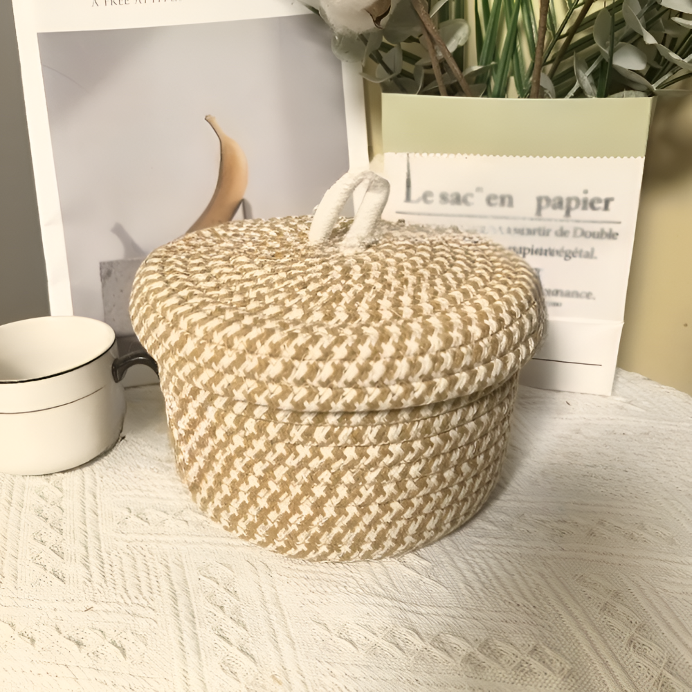Stilvoller Aufbewahrungskorb | Runde Box mit Deckel | Handgewebt | NaturCharm
