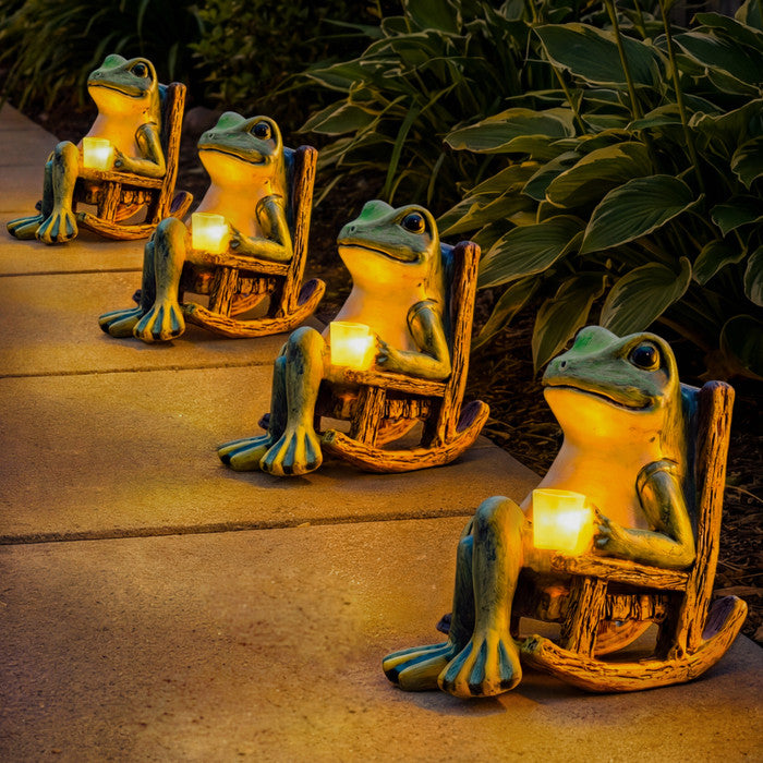 Solarleuchte mit Frosch und Schaukelstuhl für den Garten