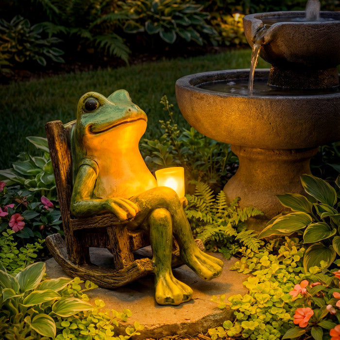 Solarleuchte mit Frosch und Schaukelstuhl für den Garten