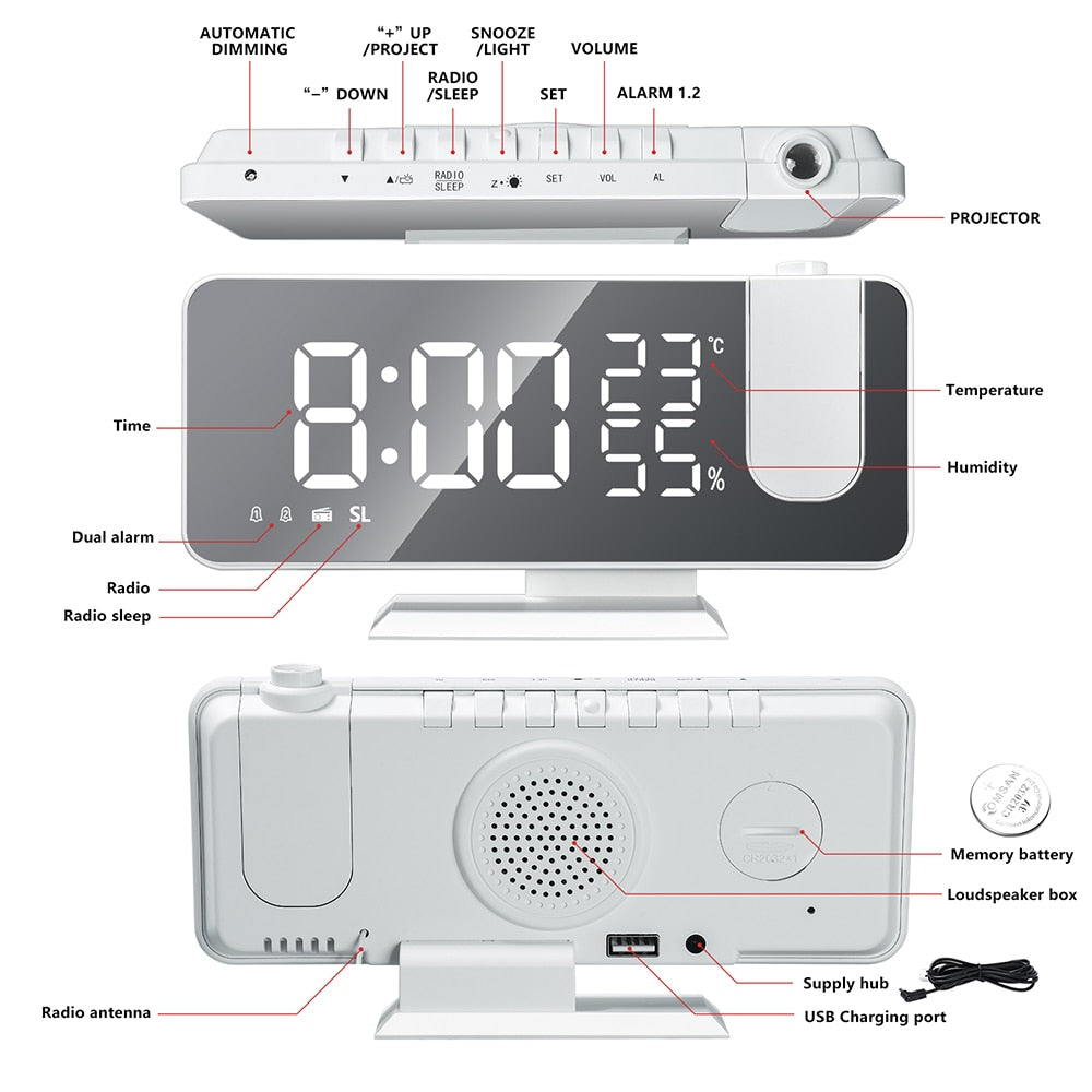 Digitale Projektionsuhr mit LED-Anzeige und FM-Radio