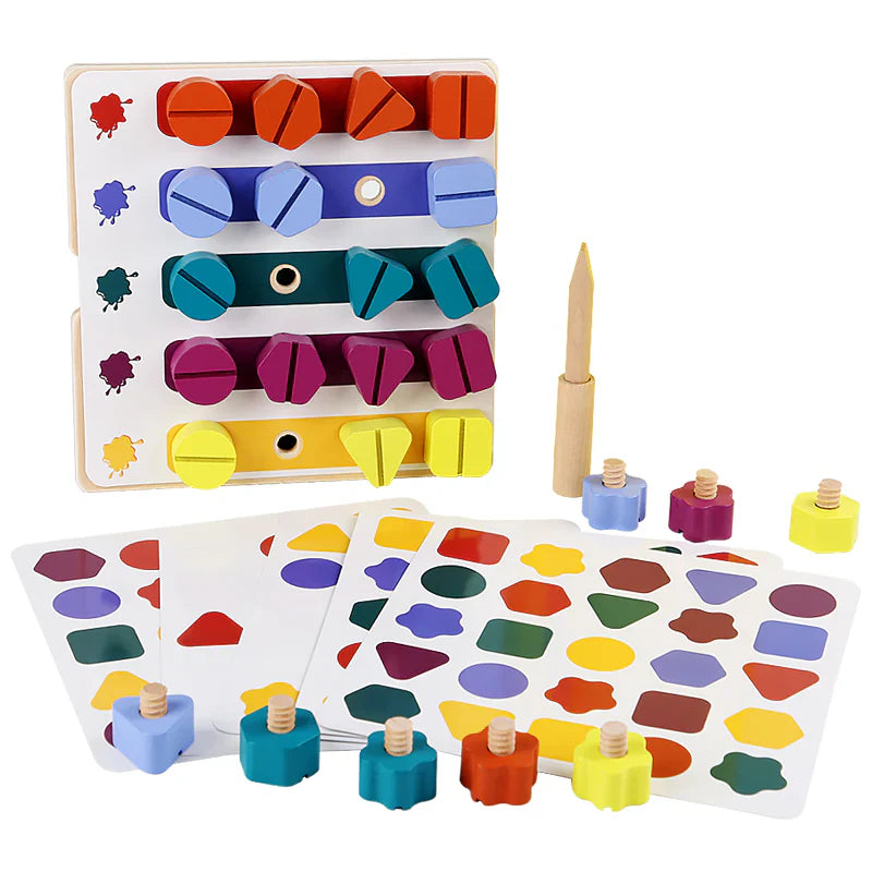 Spielerisches Holzpuzzle zur Förderung feinmotorischer Fähigkeiten mit Formen und Farben