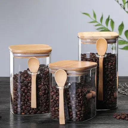 Set aus 3 Behältern aus Bambus und Glas