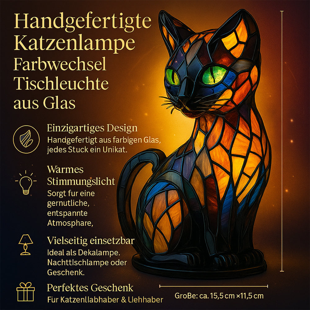 Farbwechselnde Tischlampe mit Katzenmotiv aus Glas