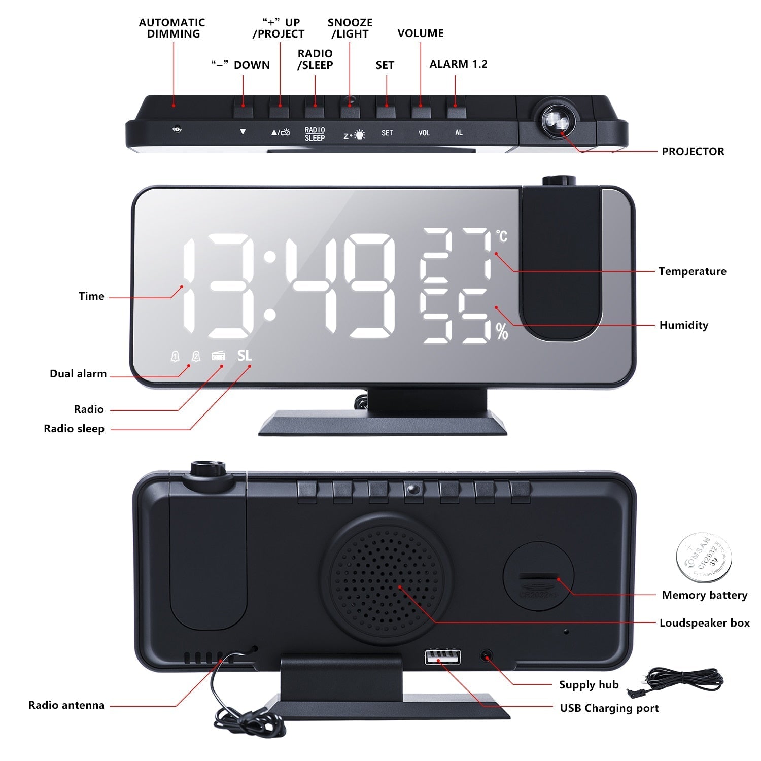 Digitale Projektionsuhr mit LED-Anzeige und FM-Radio