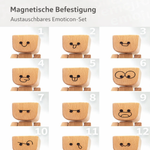 Verspielte Holzfigur mit sanfter Wippfunktion und wechselbaren Emotionen