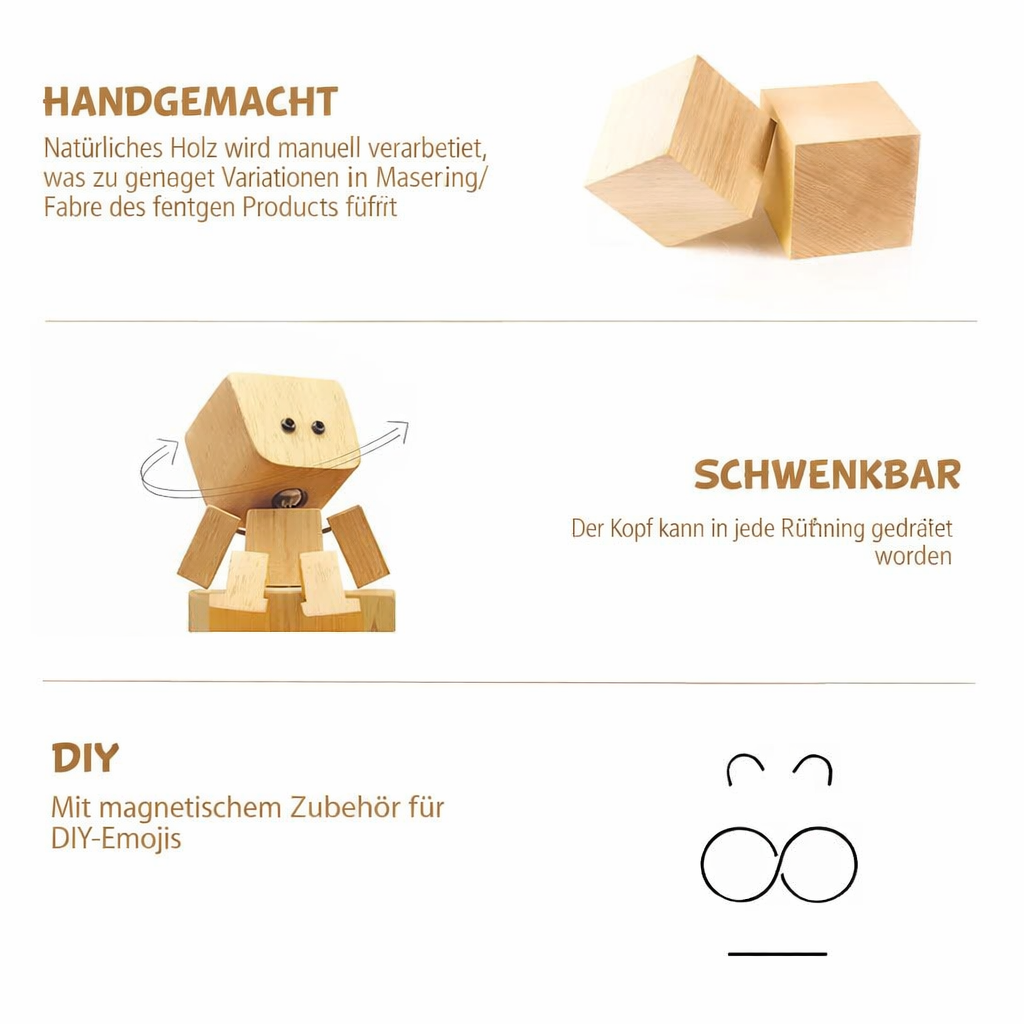 Verspielte Holzfigur mit sanfter Wippfunktion und wechselbaren Emotionen