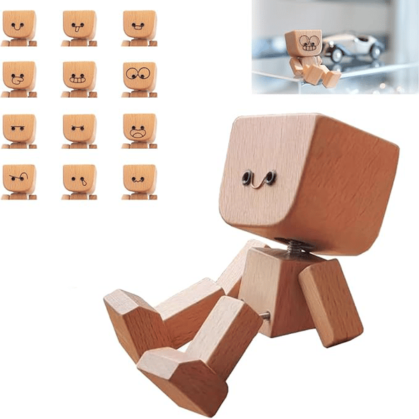 Verspielte Holzfigur mit sanfter Wippfunktion und wechselbaren Emotionen