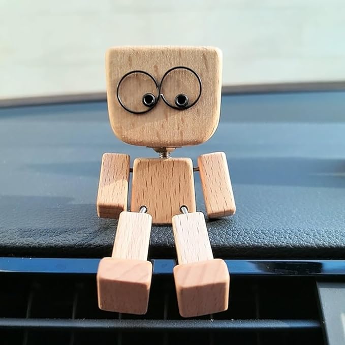 Verspielte Holzfigur mit sanfter Wippfunktion und wechselbaren Emotionen