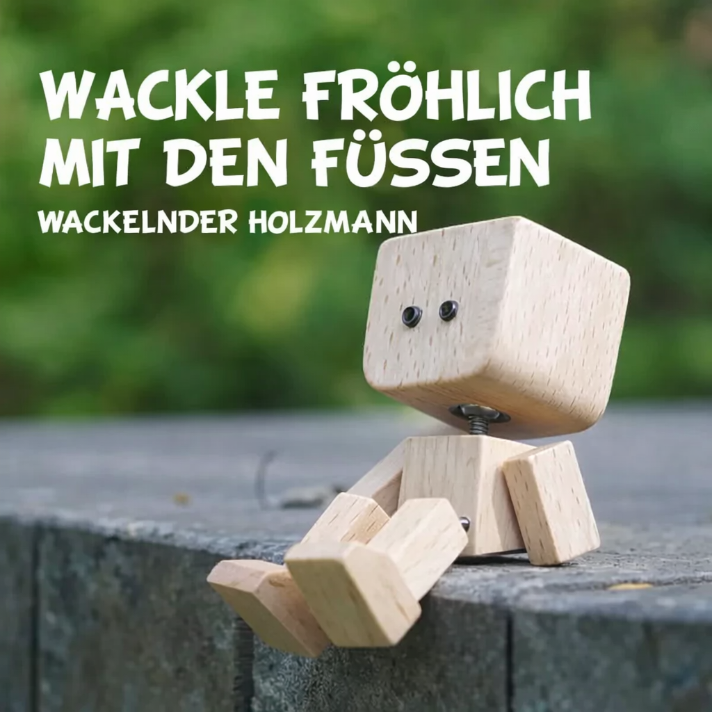 Verspielte Holzfigur mit sanfter Wippfunktion und wechselbaren Emotionen