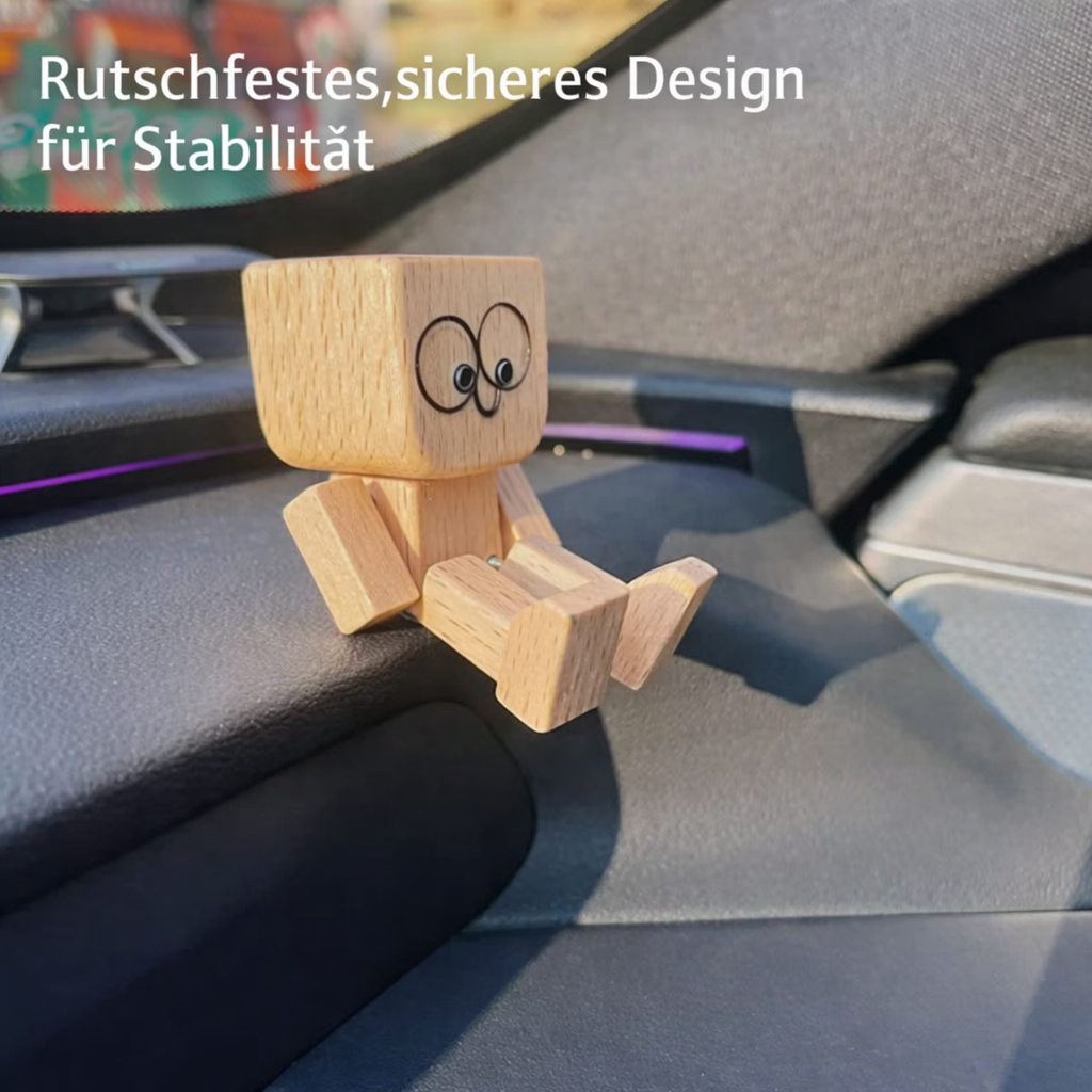 Verspielte Holzfigur mit sanfter Wippfunktion und wechselbaren Emotionen