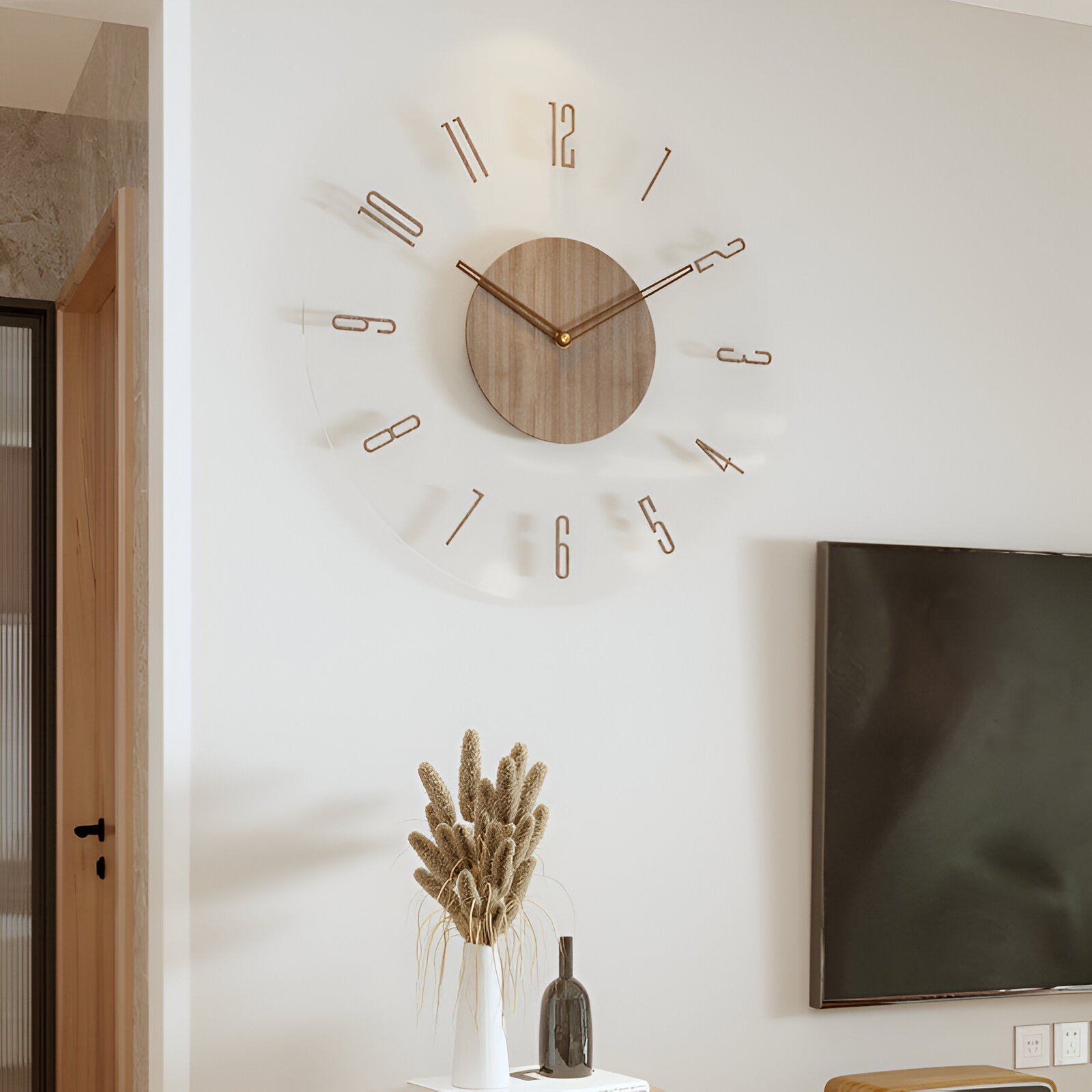 Transparente Wanduhr mit Holz-Details – Lautloser Quartz