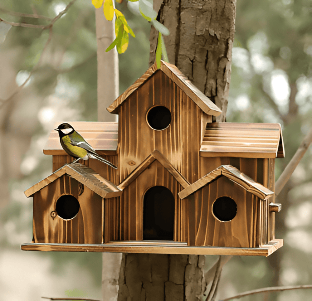 Hängendes Holzvogelhaus mit Aufhängeschnur