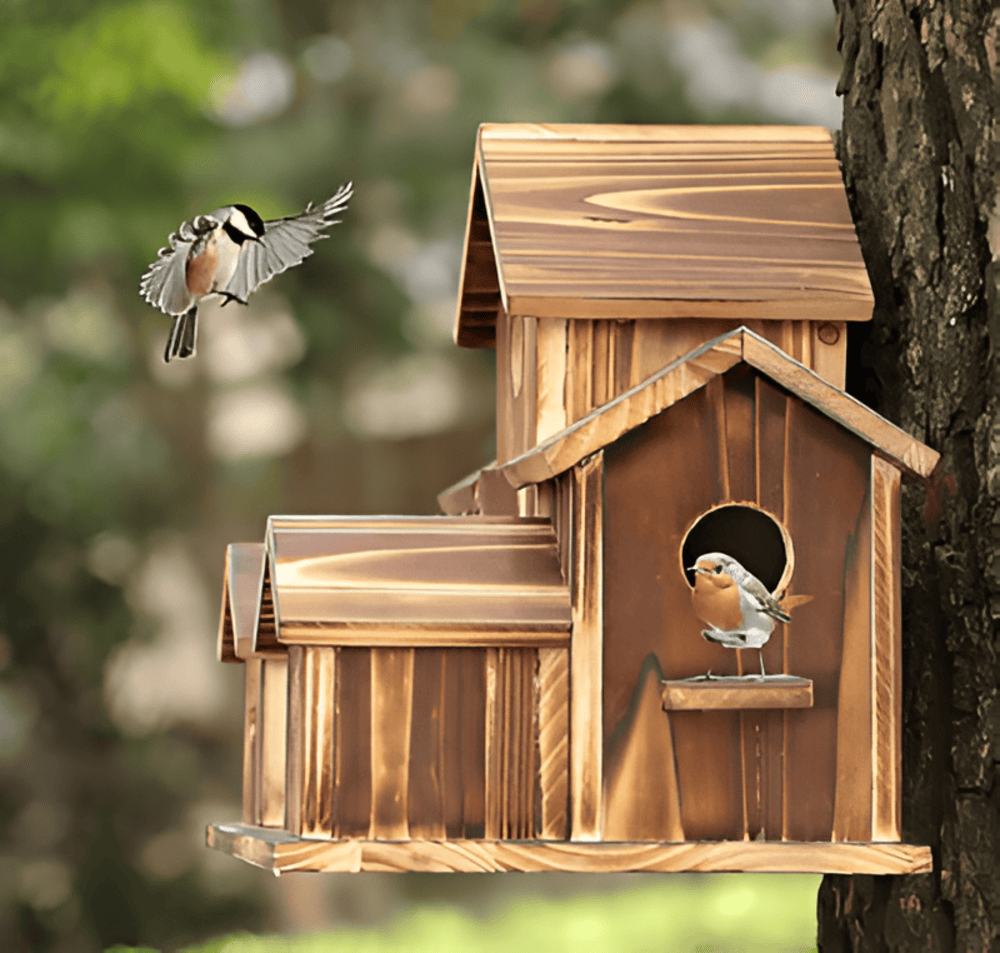 Hängendes Holzvogelhaus mit Aufhängeschnur