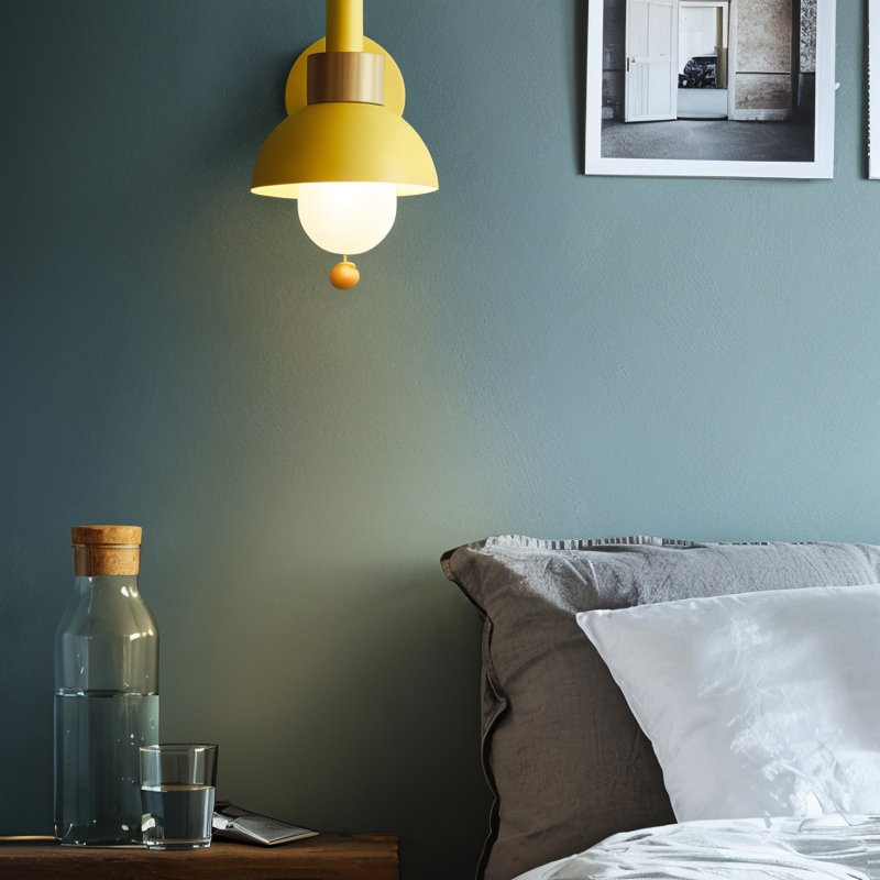 Playful Wall Lamp in Pastel Colors – Wooden Base & Iron Lampshade