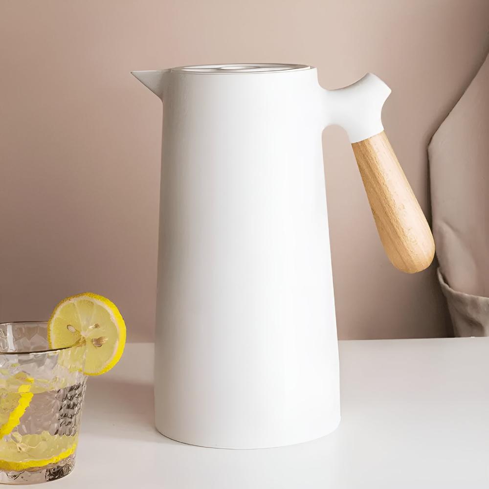 Elegante Isolierkanne mit Holzgriff – 1L Getränkespender