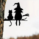 Mystische Gartenfigur mit Hexe und Katze – Metall Silhouette für den Außenbereich