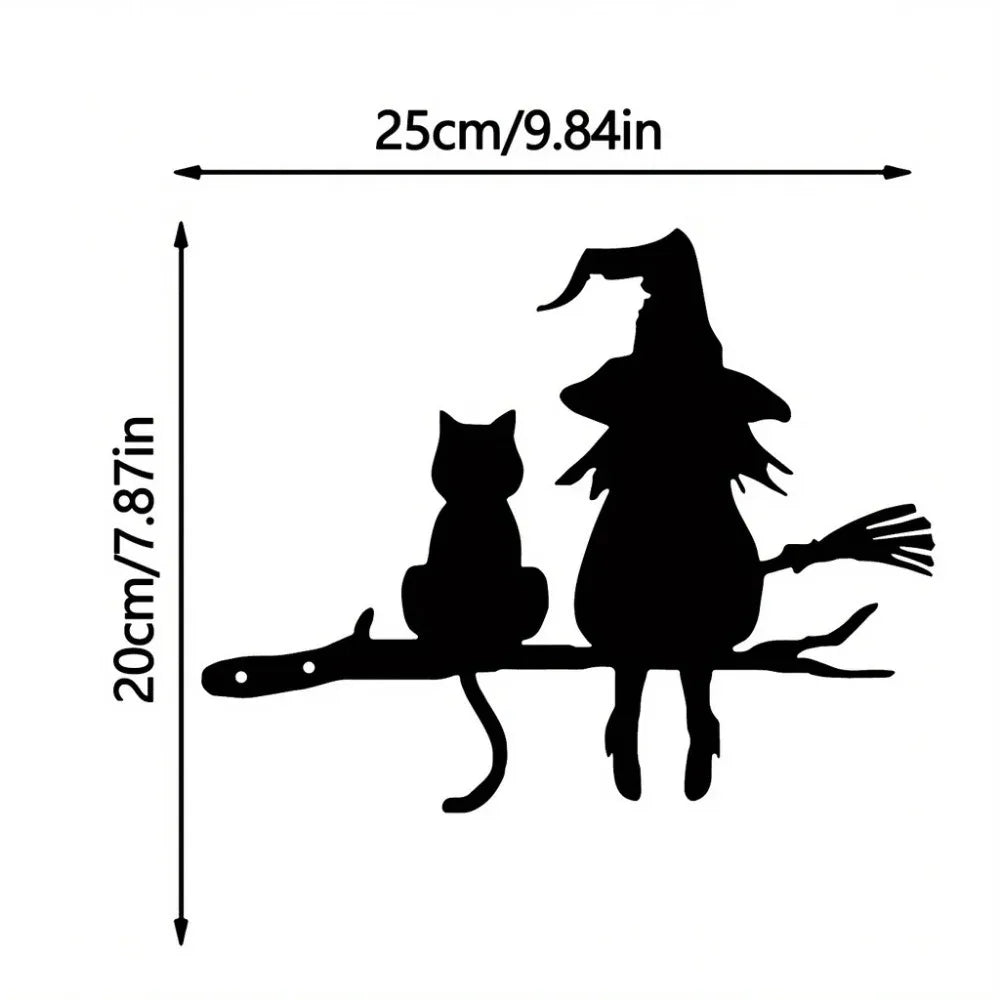 Mystische Gartenfigur mit Hexe und Katze – Metall Silhouette für den Außenbereich