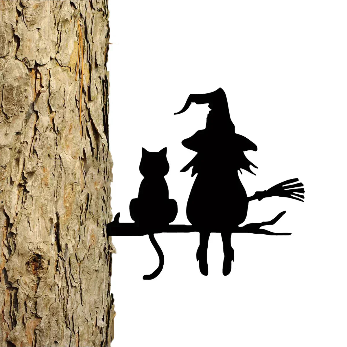 Mystische Gartenfigur mit Hexe und Katze – Metall Silhouette für den Außenbereich