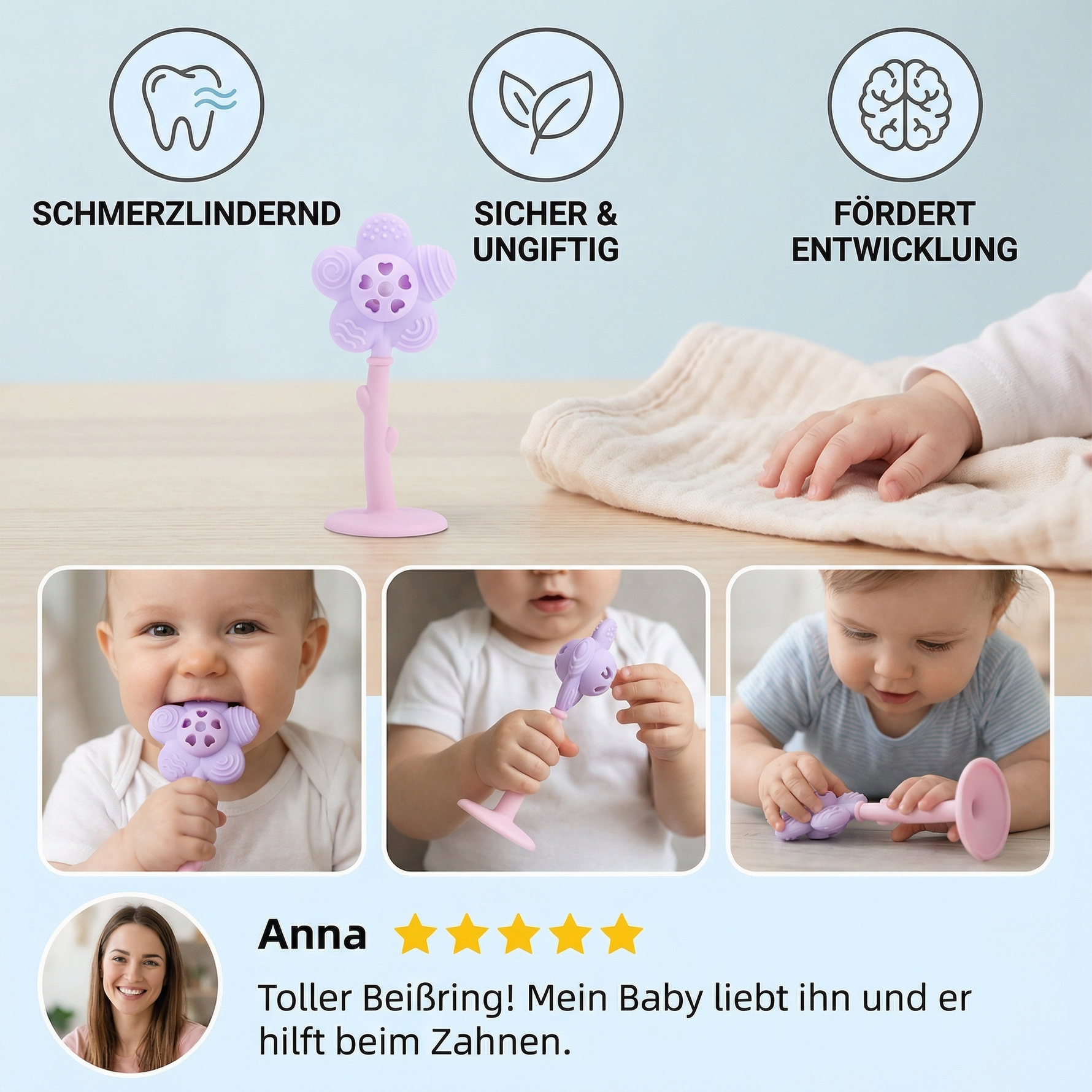 Zahnungsspielzeug aus lebensmittelechtem Silikon – Beißring und Rassel