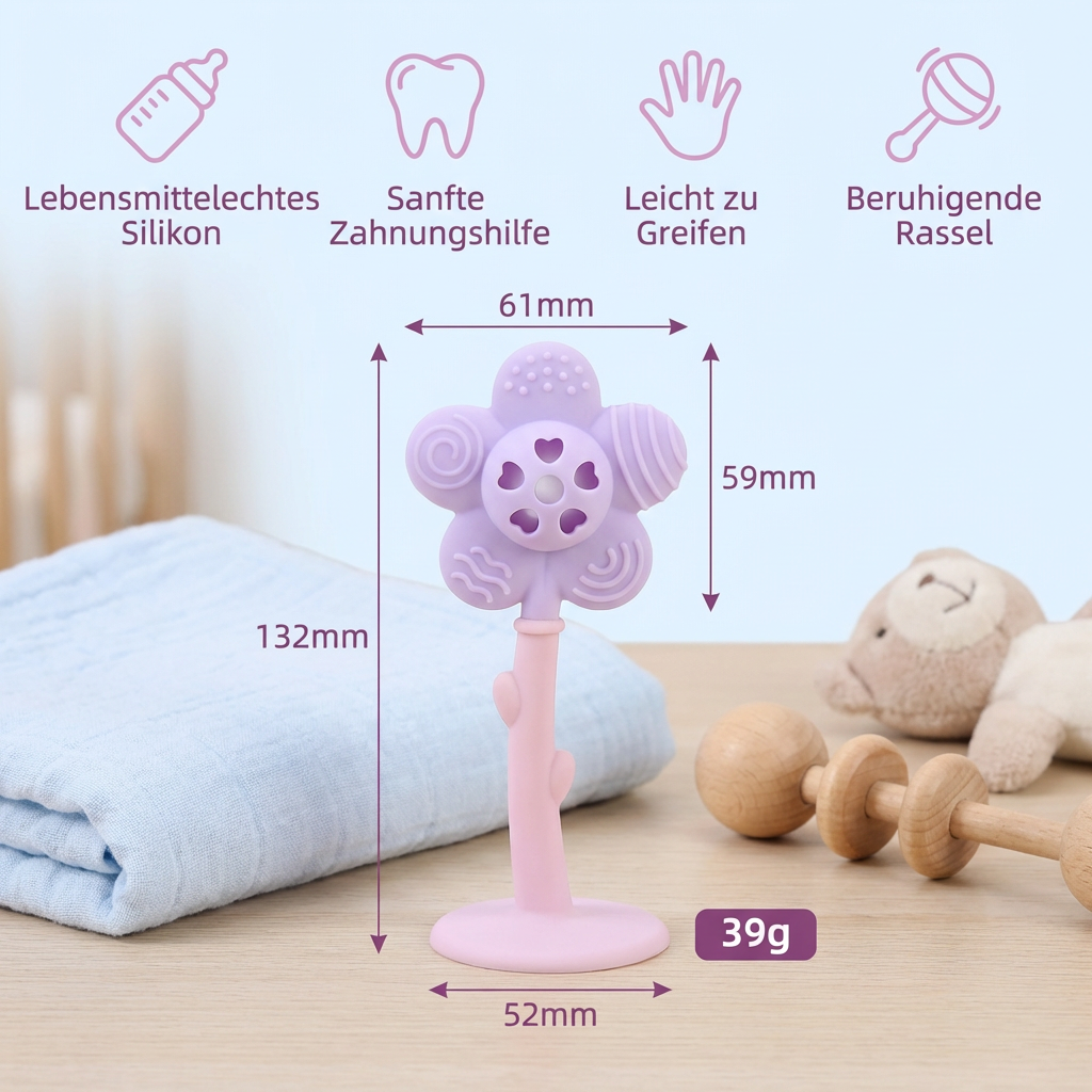 Zahnungsspielzeug aus lebensmittelechtem Silikon – Beißring und Rassel