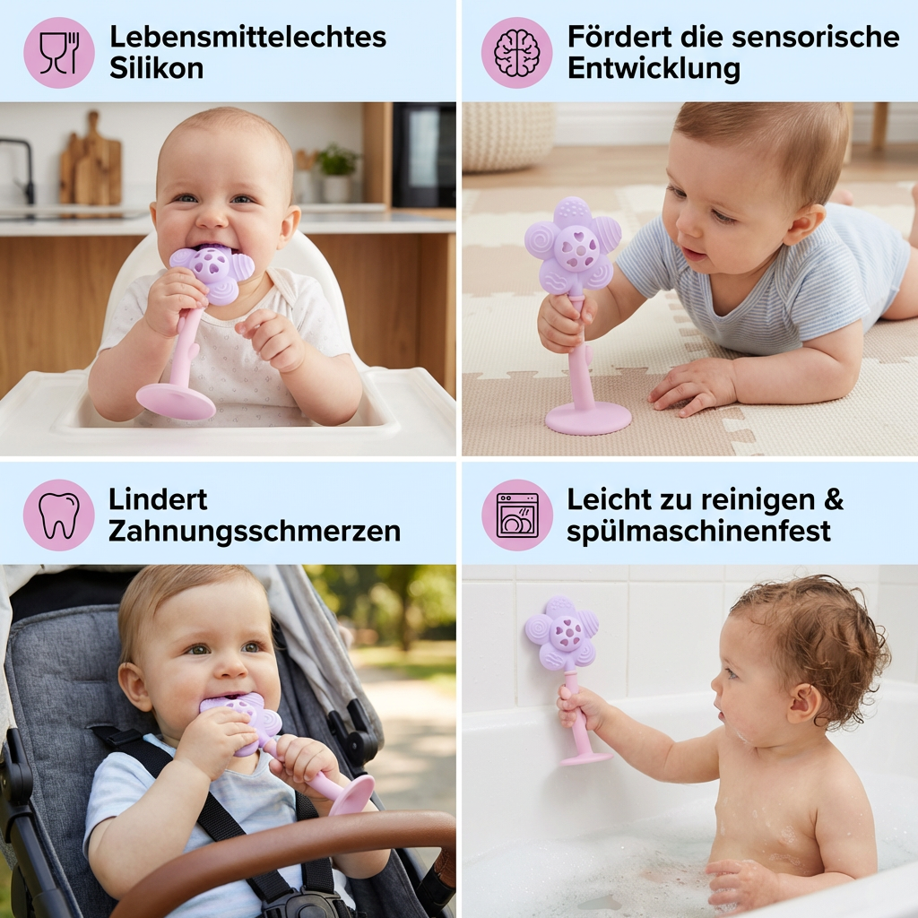 Zahnungsspielzeug aus lebensmittelechtem Silikon – Beißring und Rassel