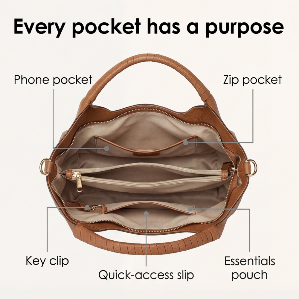 Elegante Hobo-Tasche aus weichem Kunstleder mit Fächern