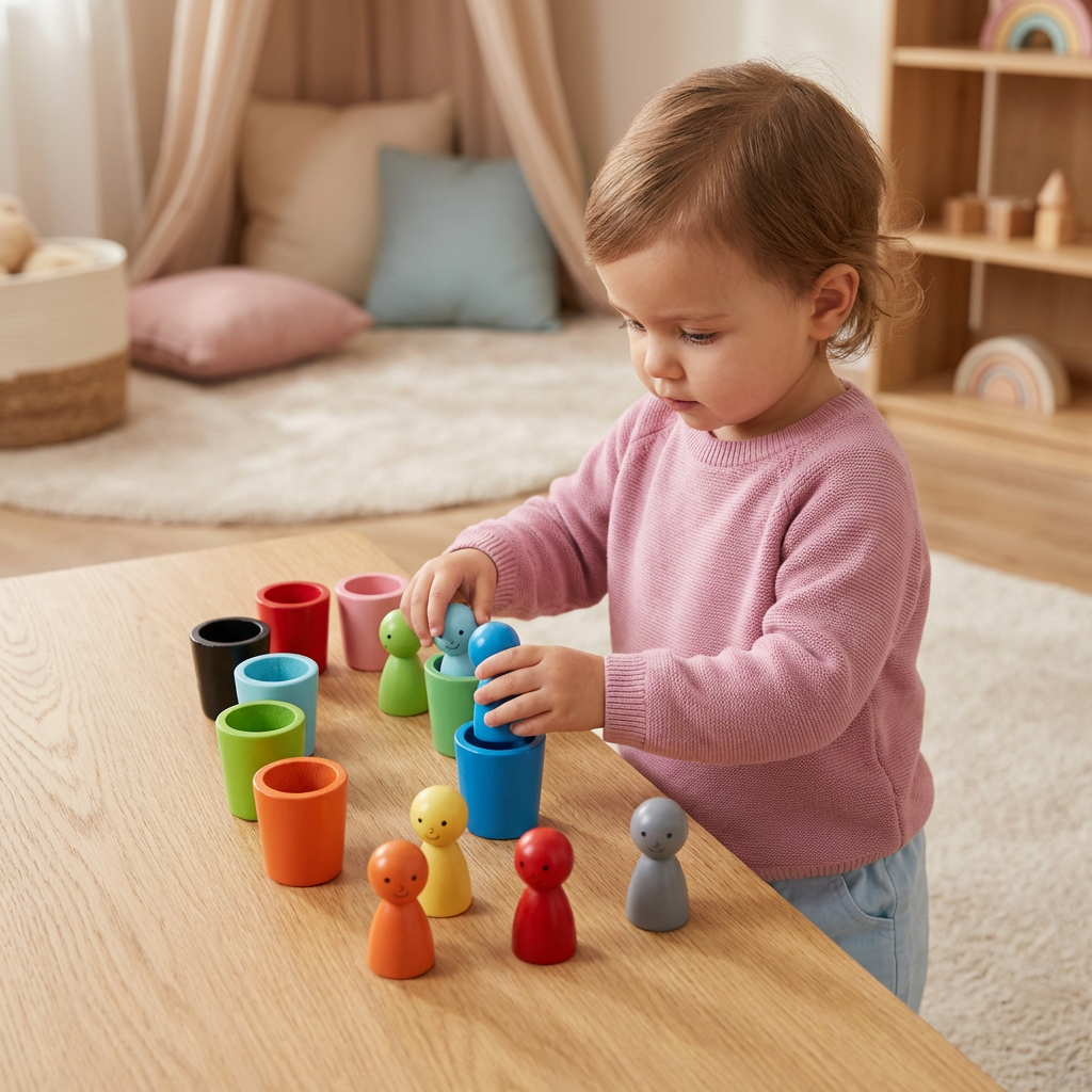 Holz Lernspiel mit Sortierbechern für Farben nach Montessori